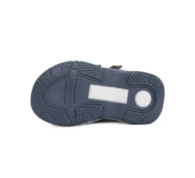 G103-61901A Dove Grey 05 D.D.Step kisfiú bőrszandál, szürke/kék markoló mintás-feliratos, talp