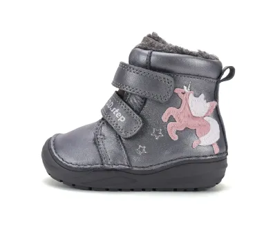 W071-62376 Metallic Grey 01 D.D.Step kislány, bélelt bokacipő, metál szürke, unikornis mintás, külső oldalnézet