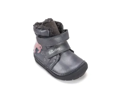 W071-62376 Metallic Grey 07 D.D.Step kislány, bélelt bokacipő, metál szürke, unikornis mintás, jobb